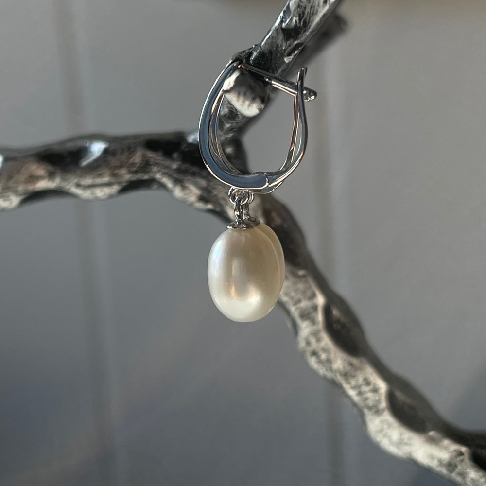 925S Sterling Silver White Cultured Freshwater Pearl Dangle Drop Earrings - Picture 8 of 12
